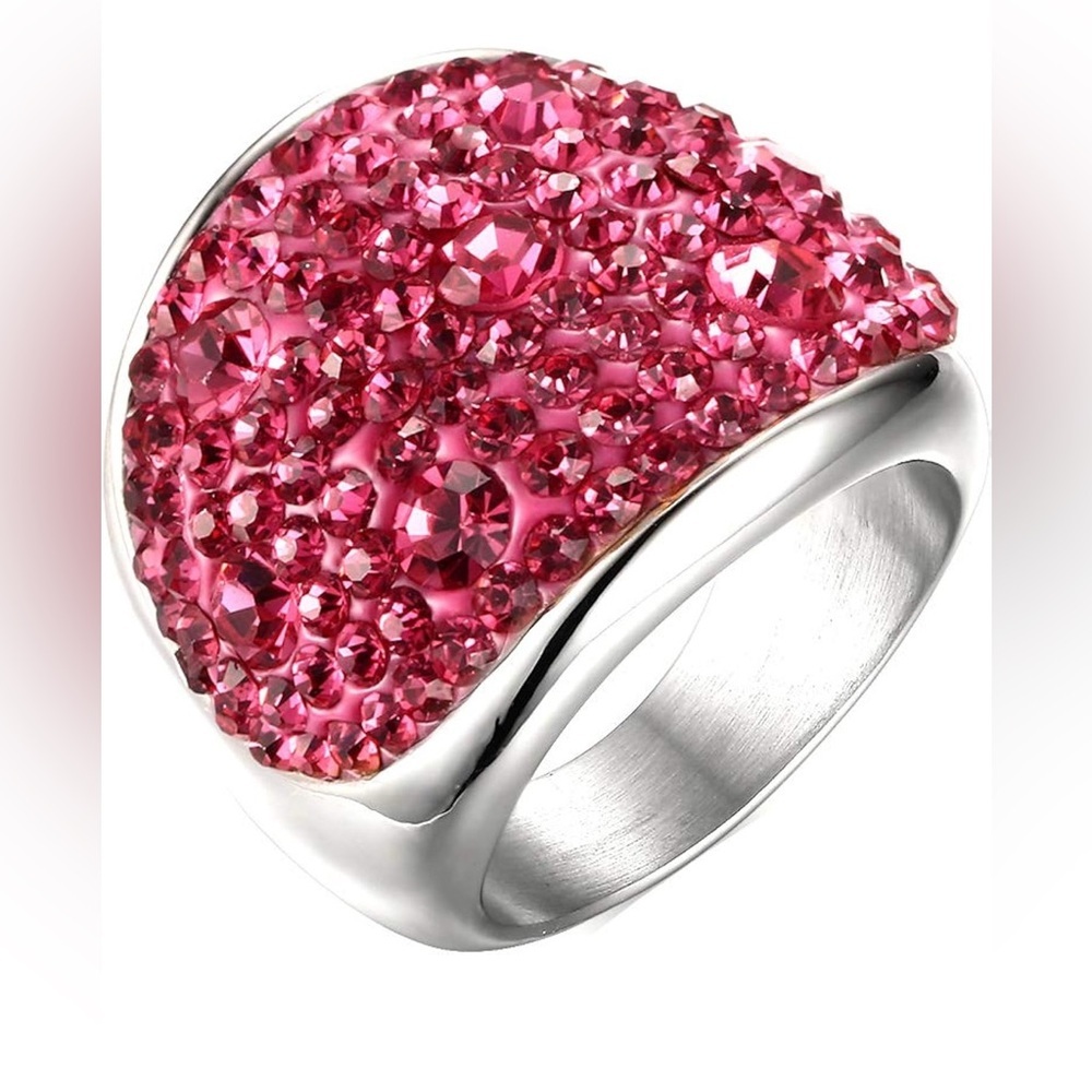 Haute Couture Pink Pavé Crystal Dome Ring Wide Stainless Statement Cocktail Luxe